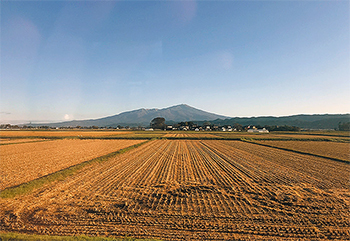 豊かな自然に囲まれた庄内地方。遠方にそびえるのは鳥海山（標高2,236m）